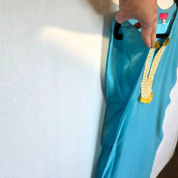 Elaine Turner Silk Shift Dress Small Embroider Fringe Turquoise Blue Resort Boho - Picture 3 of 9